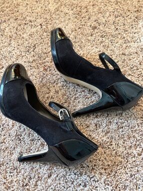 Franco Sarto Black Patent & Suede Mary Jane Heels